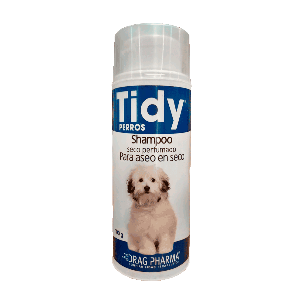 Envase cilíndrico blanco de talco en shampoo seco de Tidy Perro Shampoo Seco con detalles azules.