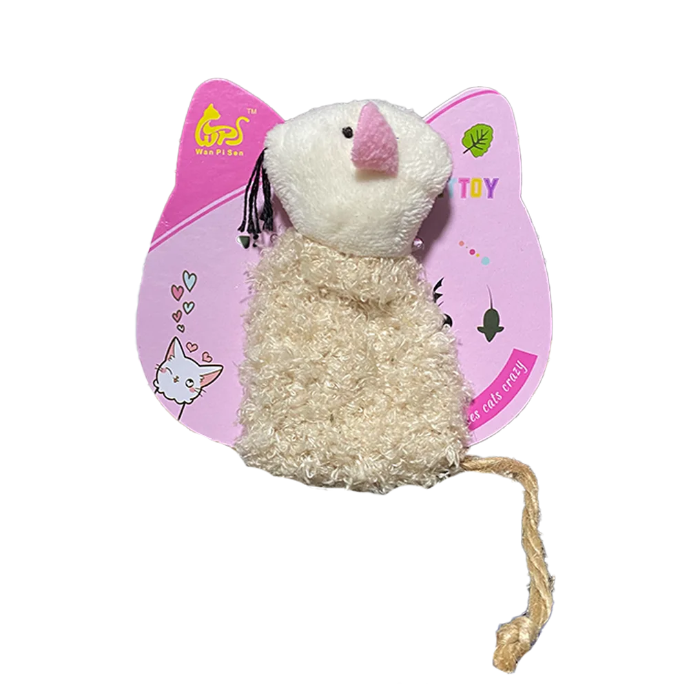 Ratón con Catnip de felpa plano, con cuerpo peludo y cabeza color crema y una cola de sola sisal.
