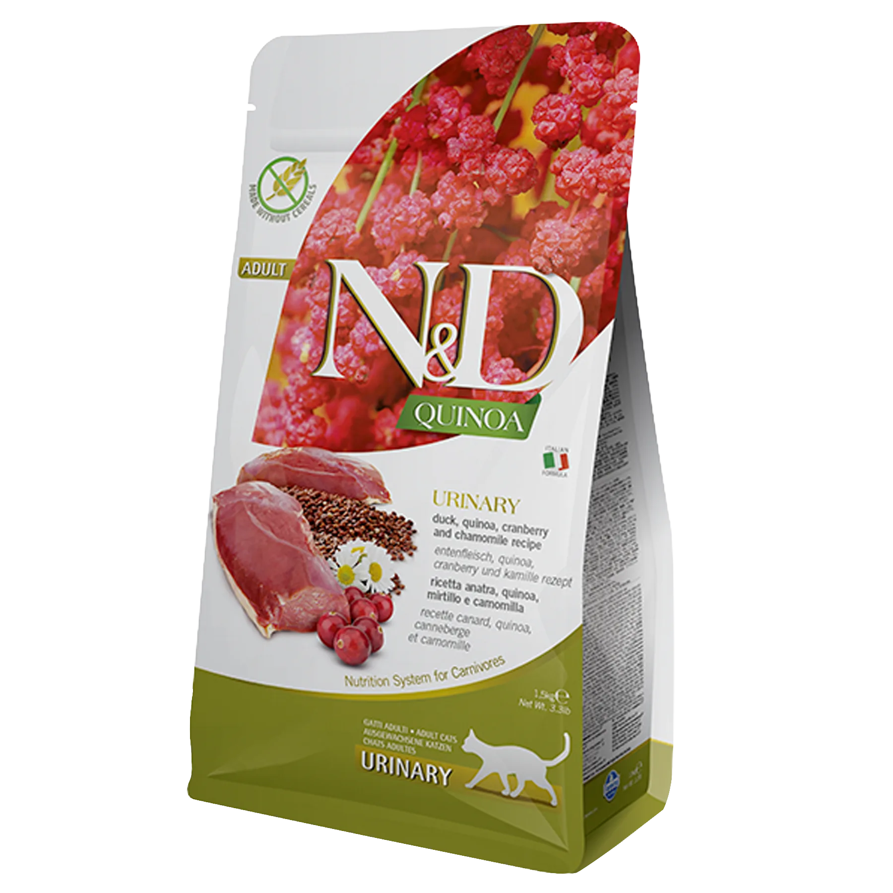 Imagen de bolsa de alimento N&D Quinoa Gato Urinary Pato y Cramberry, un alimento para gatos con problemas urinarios, tiene color blanco con detalles verdes y rosados