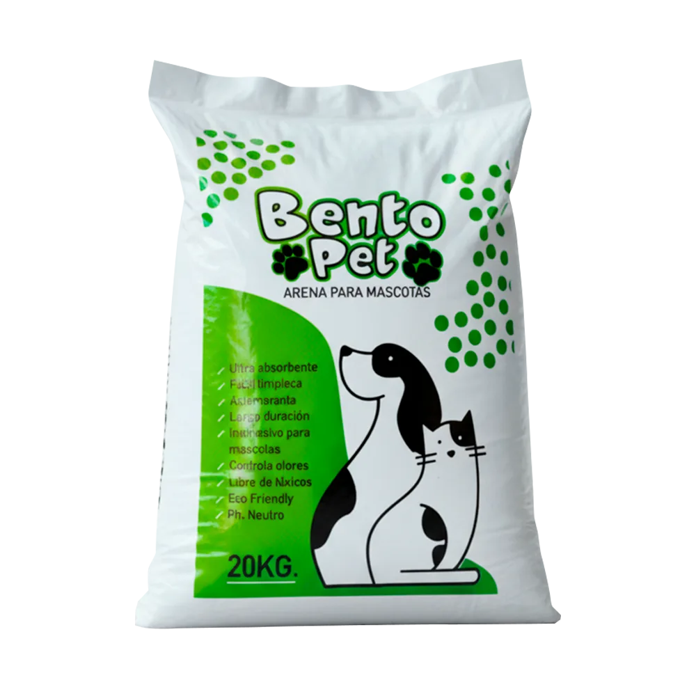 Bolsa blanca con detalles verde de arena sanitaria Bento Pet para gatos sin aroma en su presentación de 20 kg