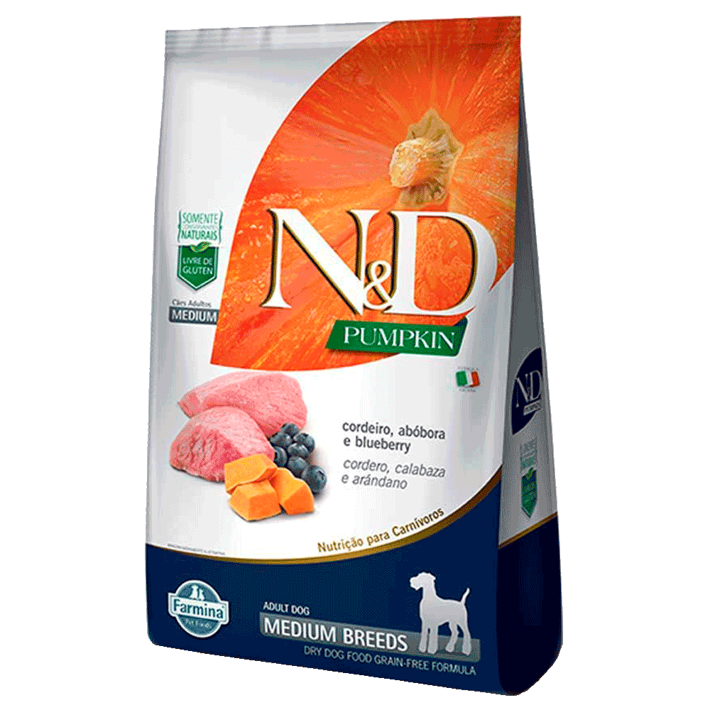 Bolsa blanca y azul con detalles naranjas de Farmina N&D Pumpkin Cordero y Arándanos Adult Medium para perros adultos de raza mediana