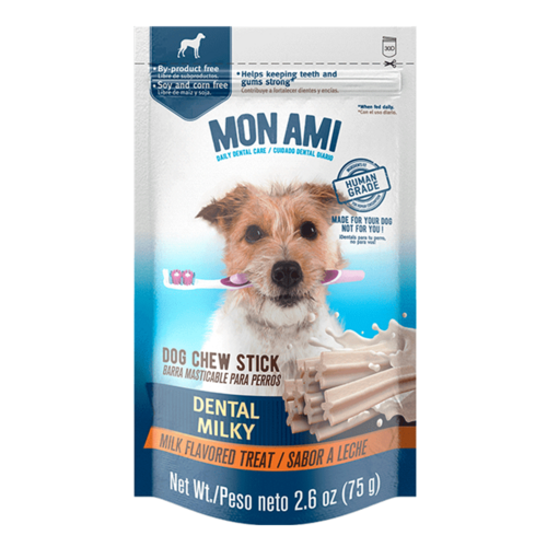 Paquete de palitos masticables dentales para perros Mon Ami sabor a leche, diseñados para la higiene dental, con la imagen de un perro juguetón en el frente.