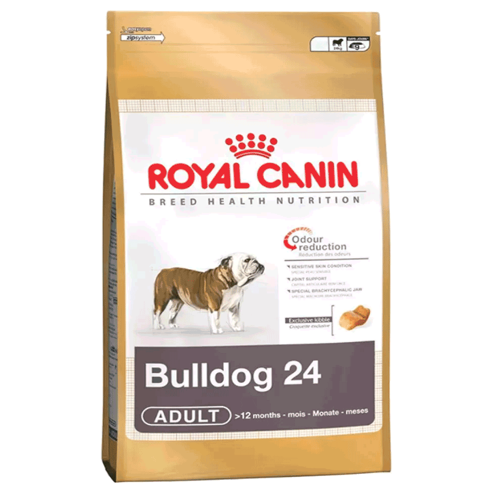 Bolsa blanca y dorada con detalles marrones de alimento Royal Canin Bulldog Inglés Adulto para perros bulldog inglés adultos