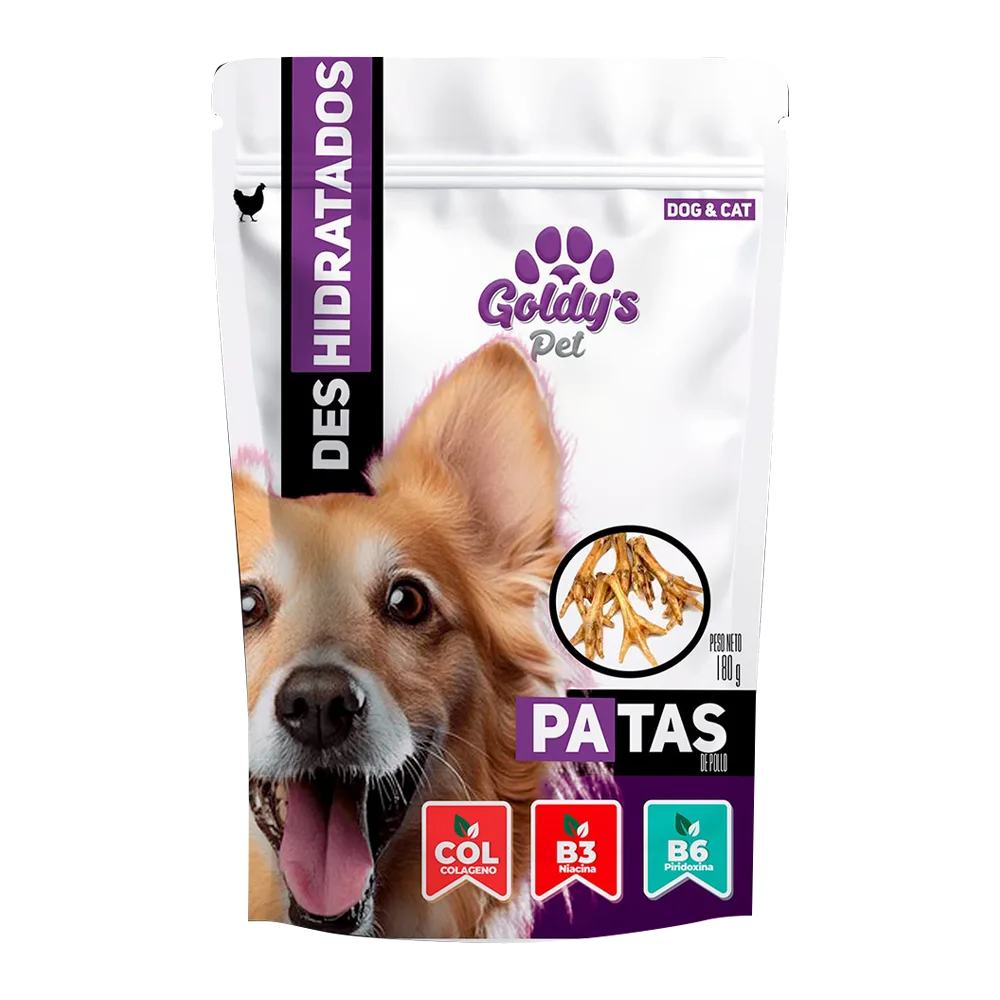 Empaque blanco con detalles morados y un perro en la portada, es el Snack Patas Deshidratadas de la marca Goldy's Pet