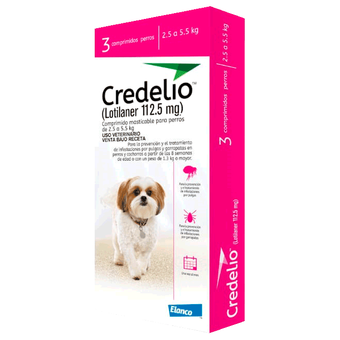 Caja blanca con detalles fucsia de Credelio Perros 2,5 a 5,5 kg antiparasitario externo 