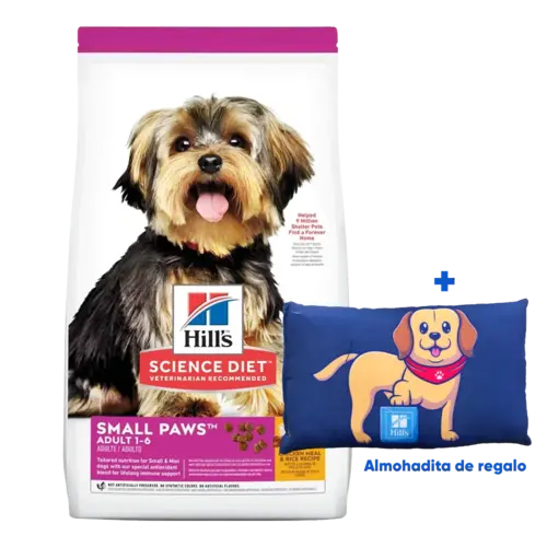Bolsa blanca de alimento Hill's Science Diet Adult Small Paws, es un alimento para perros adultos de raza pequeña y mini, la bolsa tiene detalles rosados oscuros y un perro yorkshire en el centro de la bolsa.