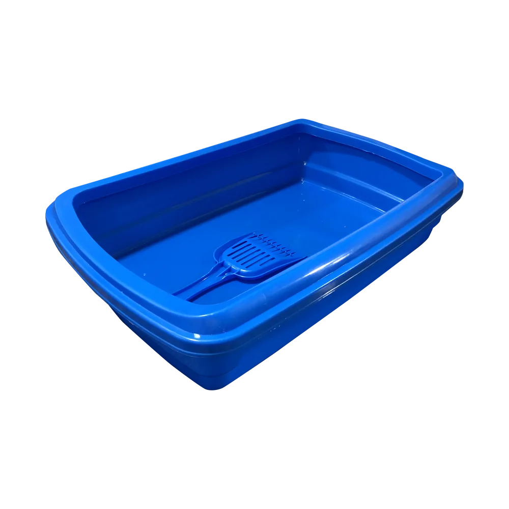 Imagen de Bandeja Sanitaria Eco en color azul, es una bandeja sencilla con bordes plásticos y una palita del mismo color adentro.