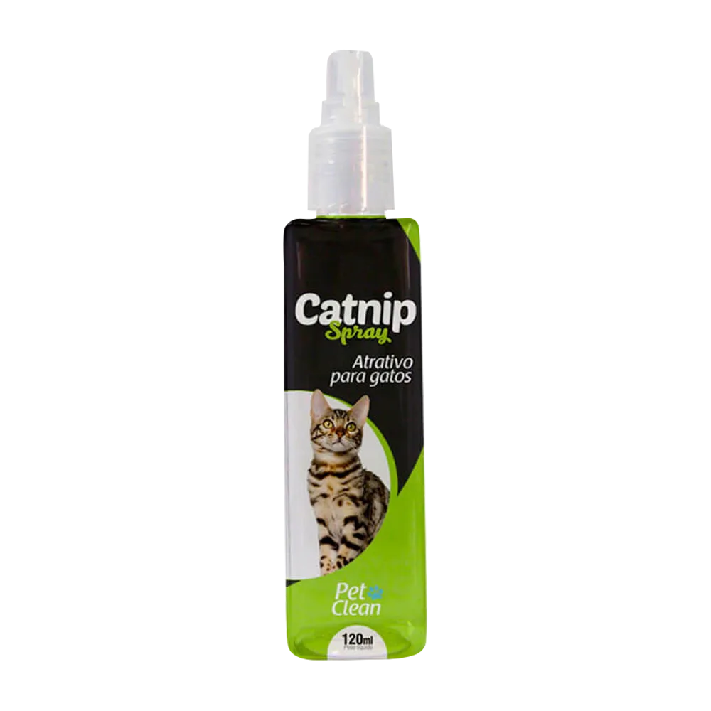 Frasco color negro con detalles verdes y un gato a rayas en la porta del producto Catnip en Spray Pet Clean