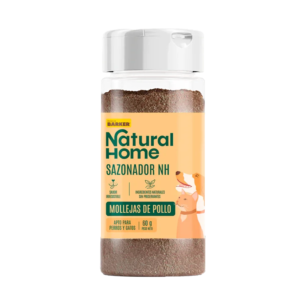 Frasco transparente con tapa blanca y etiqueta amarilla con detalles verdes del producto Sazonador Mollejas de Pollo Natural Home