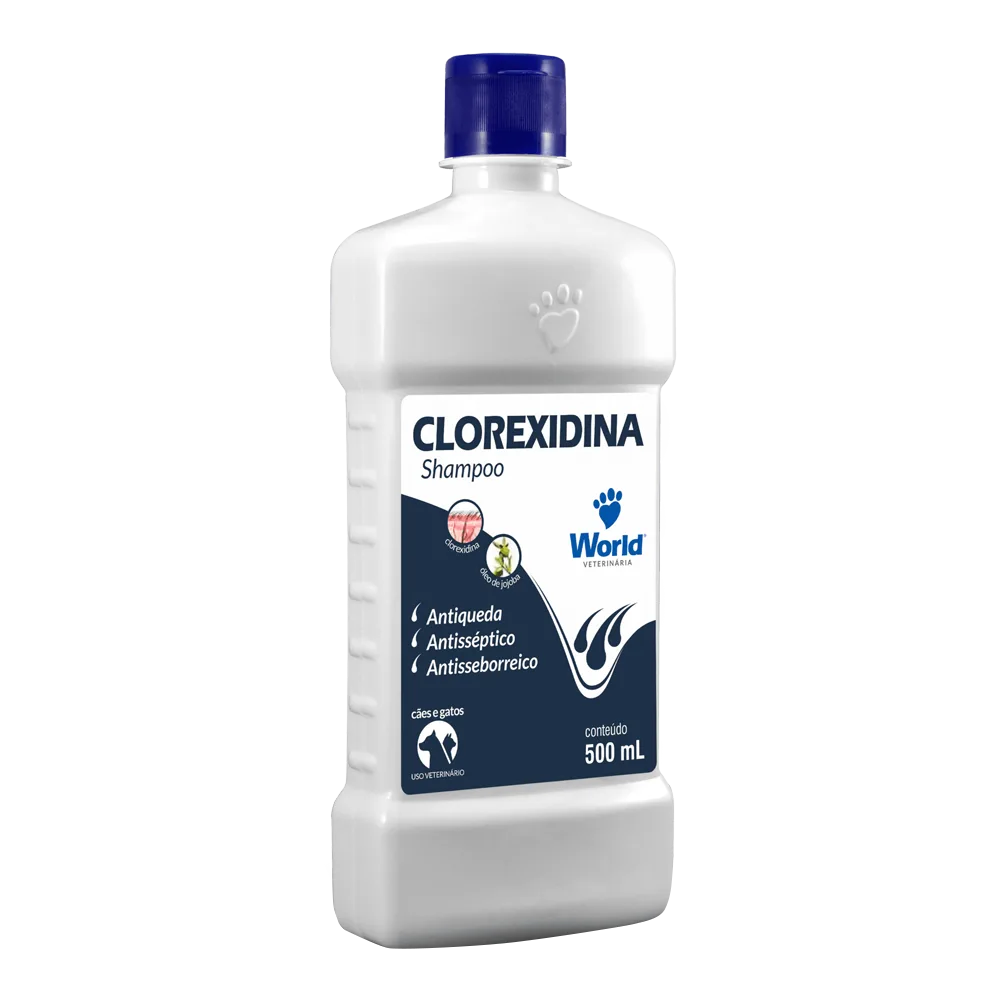 Frasco blanco de Shampoo con Clorhexidina, tiene tapa azul y una etiqueta de con tonos azules y blancos