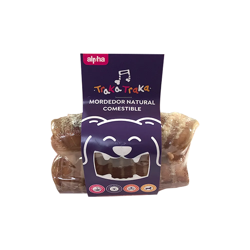 Imagen de 2 traqueas de res deshidratadas envasadas al vacío, son talla grande y tienen una etiqueta azul con detalles fuccias. Es el producto Traquea de Res Deshidratada Alpha Canino para perros grandes.