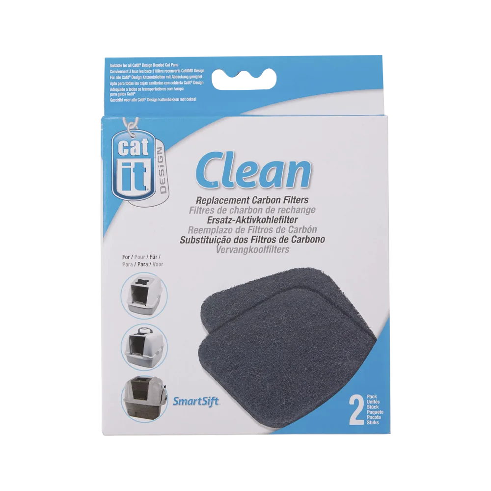 Empaque de cartón color blanco con detalles celetes de Filtros Para Arenero de la línea Catit. Son filtros de carbón que van en la parte superior de los areneros para gatos cubiertos y jumbo.