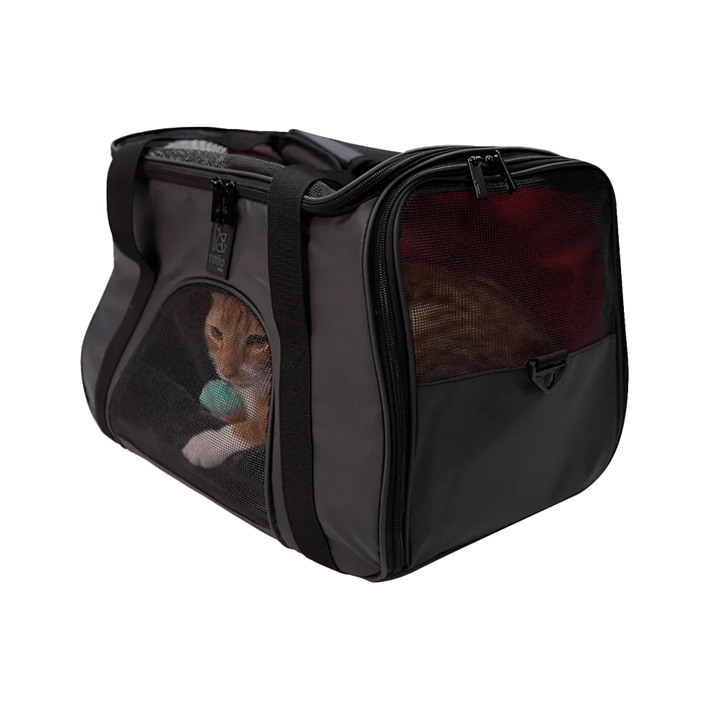 Transportadora Marley de Totto Pets, esta es de color negro y tiene mallas de ventilación en la parte superior, frontal y laterales. Hay un gato blanco adentro y está todo cerrado mostrando la seguridad del producto.