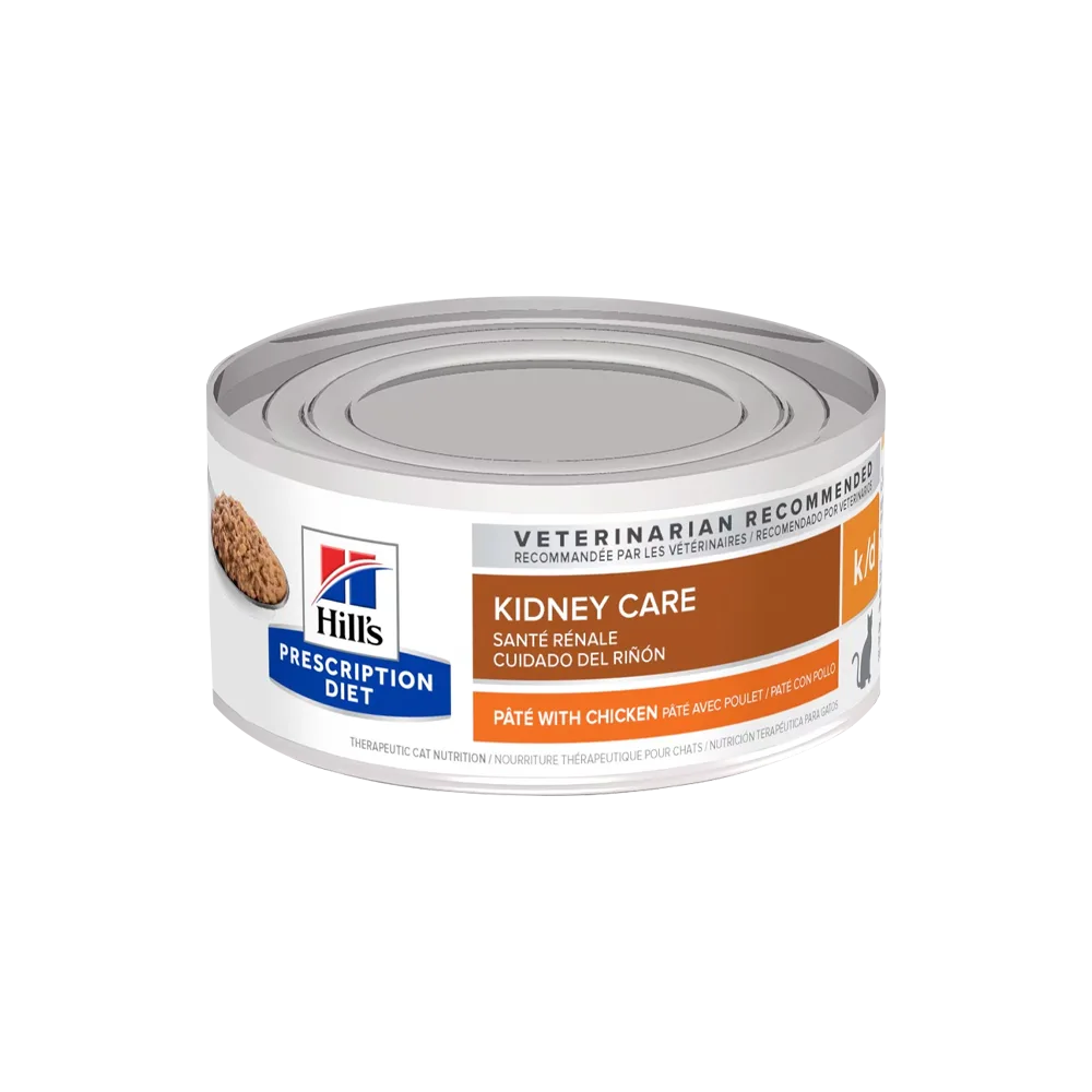 Lata blanca de paté con detalles marrones y naranjas, es el producto Hill's Prescription Diet Feline k/d para el cuidado renal de gatos