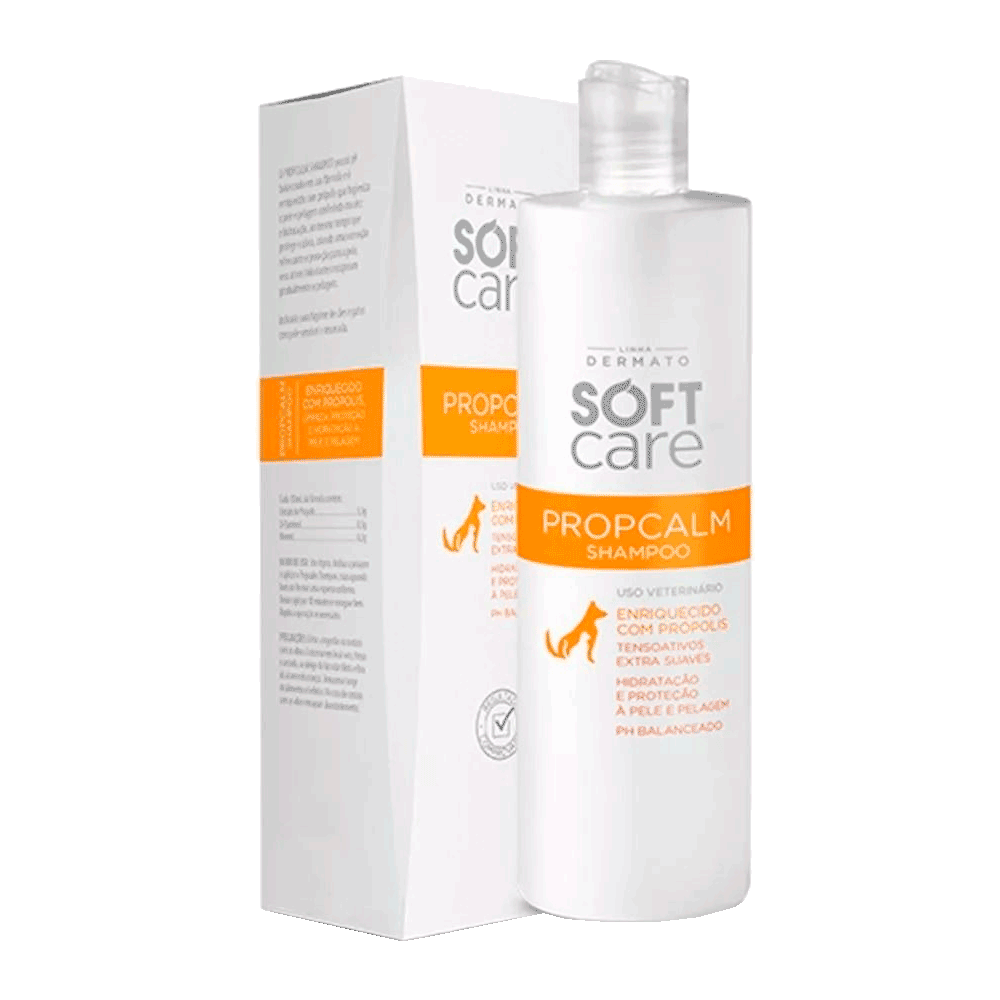 Botella blanca con detalles amarillos de Soft Care Propcalm Shampoo para perros y gatos de piel sensible