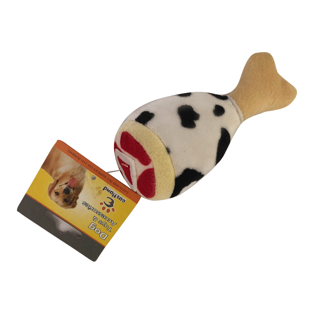 Imagen de producto Peluche pierna de pollo para perros color blanco con detalles rojos, beige y manchas negras