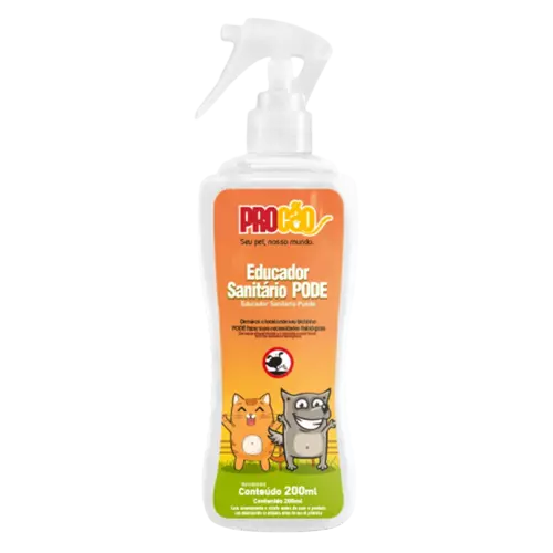Frasco de educador sanitario Pode de la marca ProCao. Es de color blanco con una etiqueta con tonos naranjas y verdes. Tiene una ilustración de un perro y un gato feliz al centro