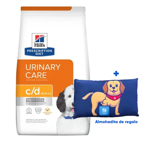 Bolsa de alimento Hill's Prescription Diet Canine c/d Multicare para perros con problemas urinarios, la bolsa es blanca con detalles anaranjados en tonos claros y oscuros y un perro blanco con un collar azul en la parte derecha inferior