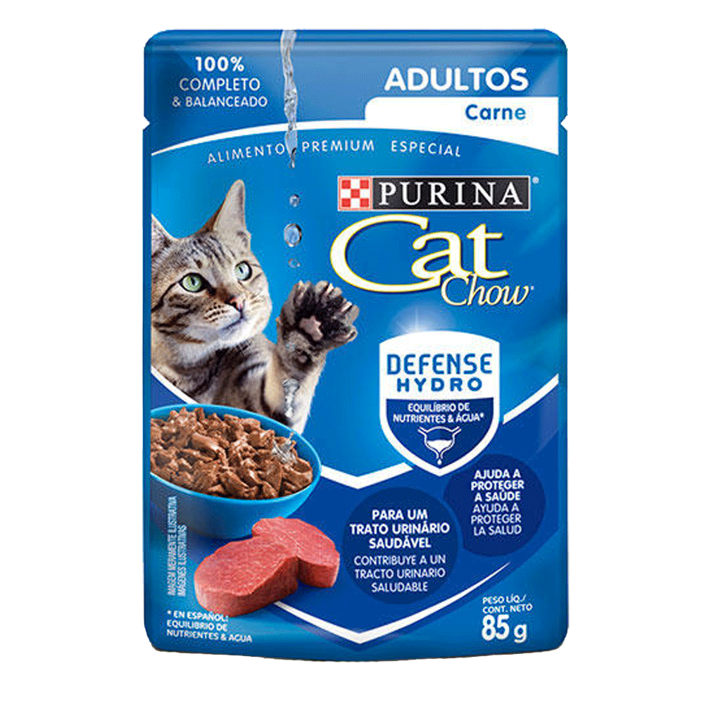 Empaque azul de Cat Chow Adultos Carne Húmedo alimento húmedo para gatos