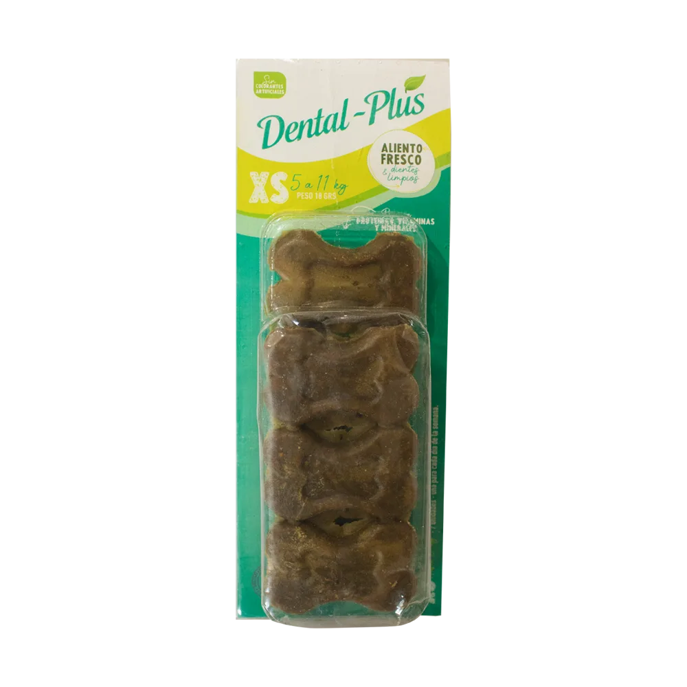 Paquete color verde con detalles amarillos y blancos de Dental Plus Blister en talla XS conteniendo 7 unidades de snack para controlar el mal aliento en perros