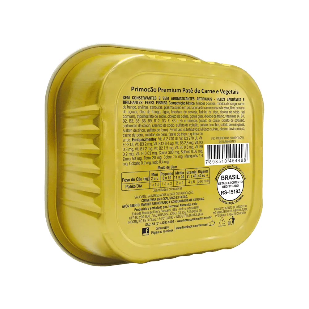 Vista trasera de una lata de alimento húmedo Primocao Pate de Carne y Vegetales en su presentación de 300 gramos. Es de color bronce y tiene impresa en color negro la información nutricional del alimento.