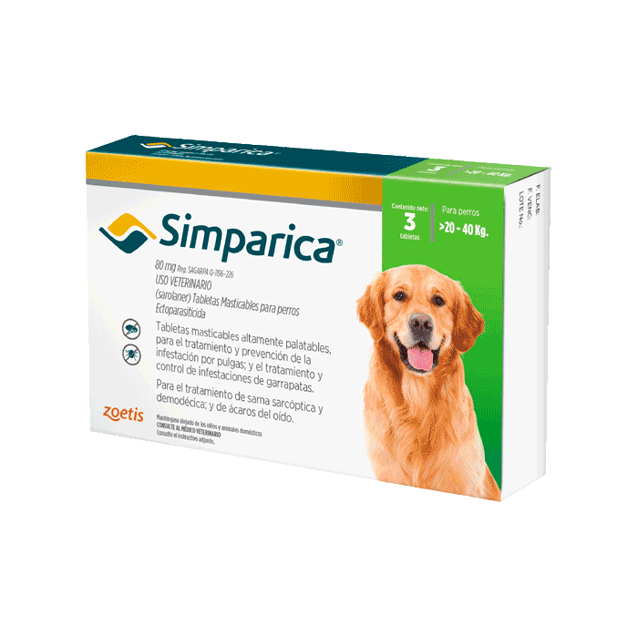 Empaque de Simparica Perros 20 a 40kg de color blanco con detalles verde claro y amarillo