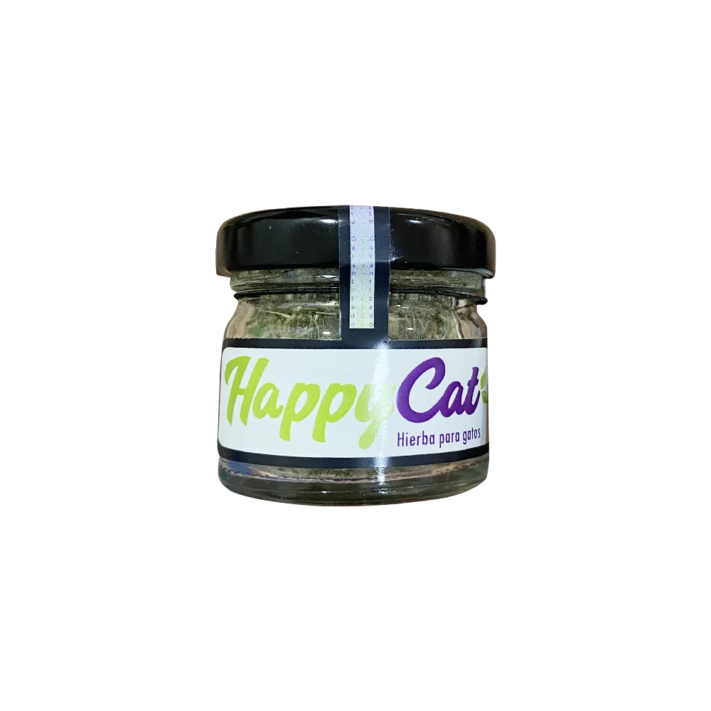 Frasco transparente pequeño de Catnip Happy Cat para gatos, tiene una etiqueta blanca con letras verdes y moradas que dice "Happy Cat" en su presentación de 2,5 g