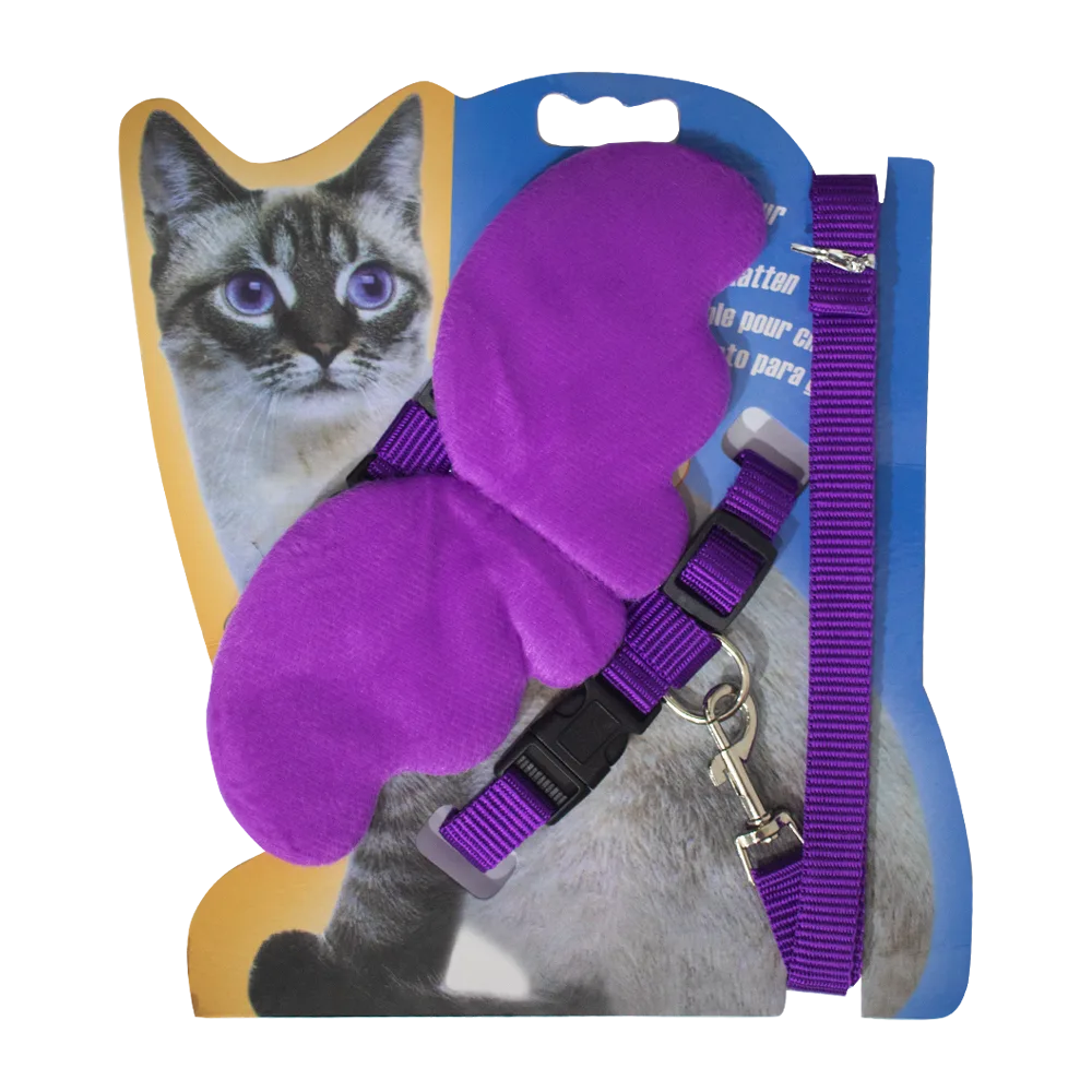 Empaque azul con detalles amarillos y un gato siamés portando el Arnés con Alas Para Gatos Medianos color morado