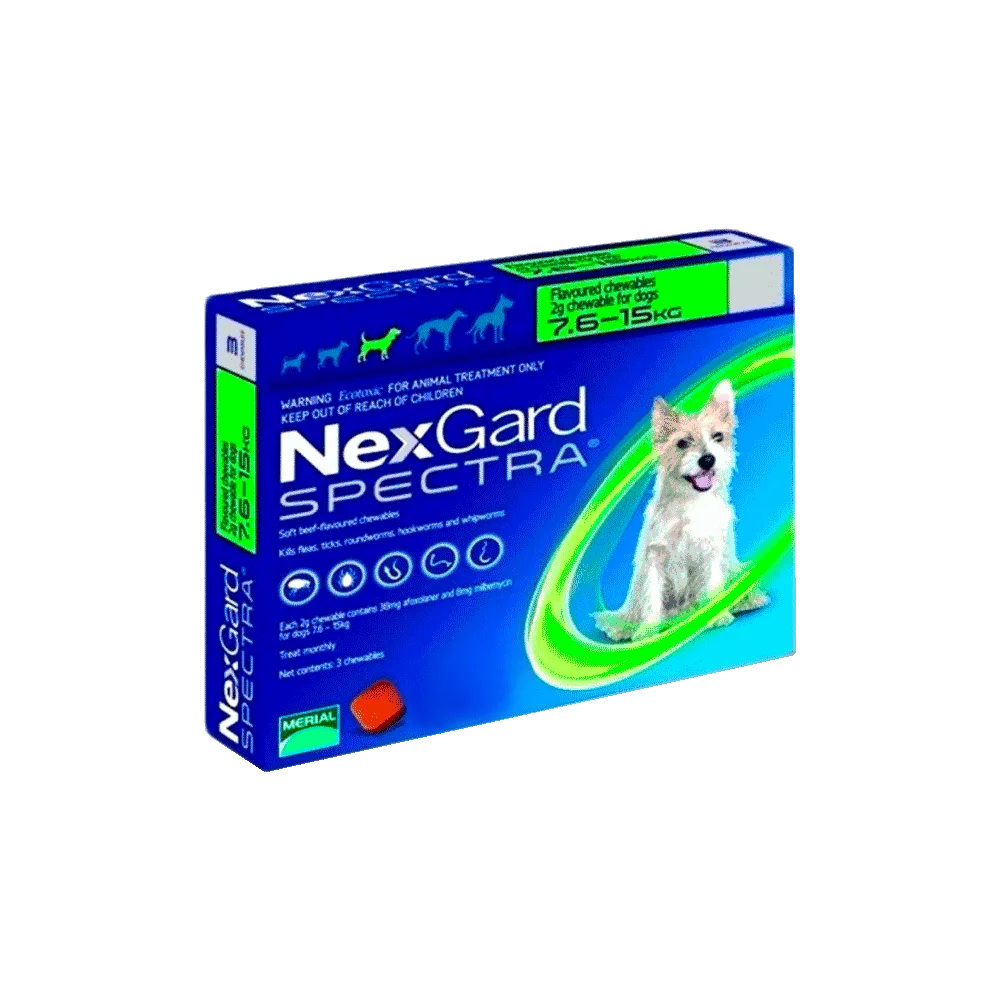 Caja pequeña color azul con detalles verde claro de Nexgard Spectra de 7,6 a 15 kg para combatir parásitos internos y externos