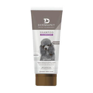 Tubo de champú voluminizante para perros Dermopet, con una imagen de un caniche gris y etiqueta informativa para higiene general y pelaje esponjoso.