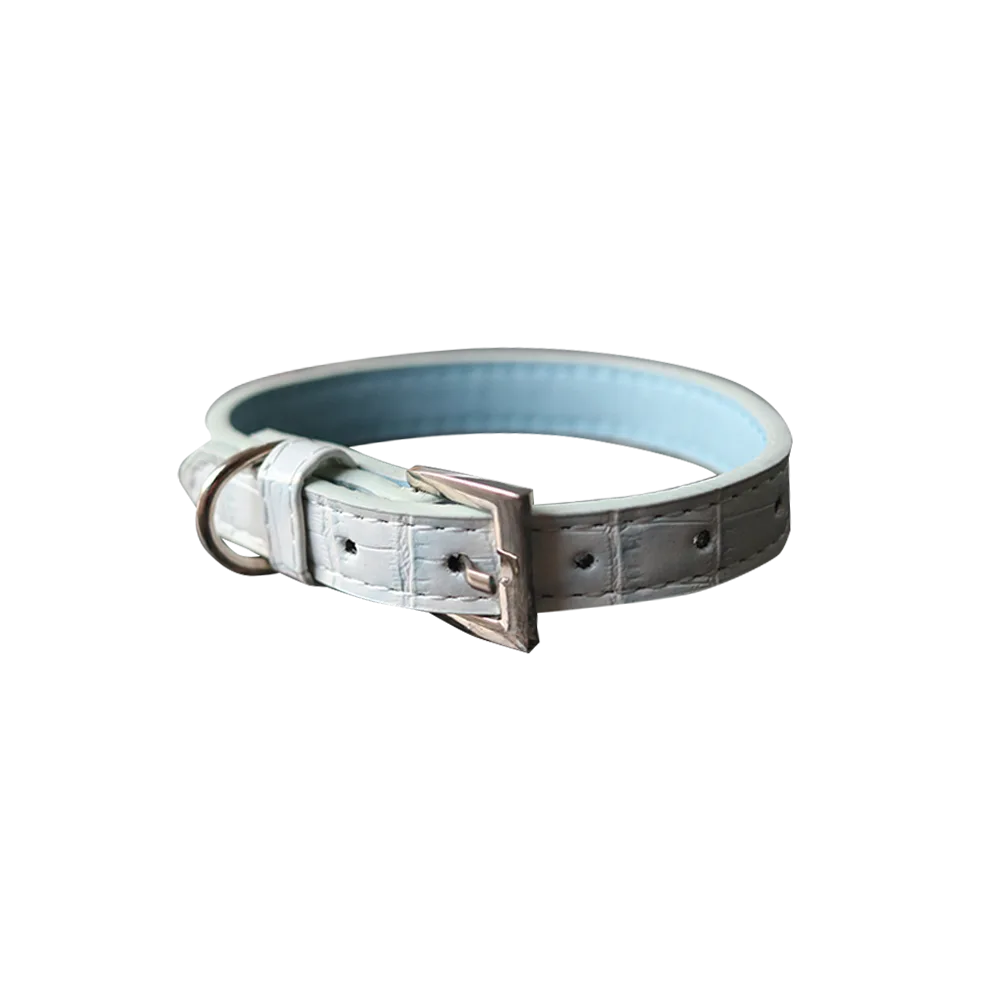 Imagen del Collar Croc Talla S de la marca M-Pets en color celeste pastel. Es un collar para perros pequeños con textura de cocodrilo y hebilla de metal.