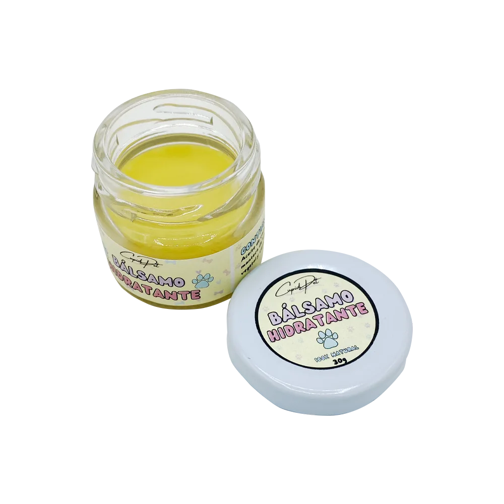 Frasco de vidrio pequeño de 30 gr de Bálsamo Hidratante para Mascotas, es de color amarillo y pastoso, para hidratar las patitas de perros y gatos