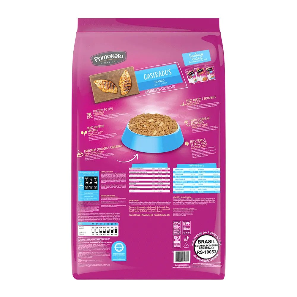 Bolsa de Primogato Castrados sabor pollo. Es de color violeta y tiene la imagen de un plato azul colmado de Primocao además de la información nutricional del alimento