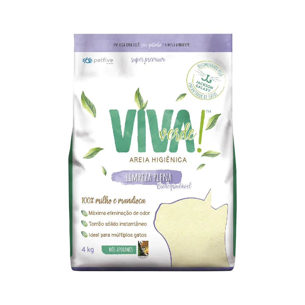 Empaque de color blanco con detalles morados y letras verdes que dicen "VIVA". Es la arena biodegradable Viva Verde de empaque Lila en su presentación de 4 kg.