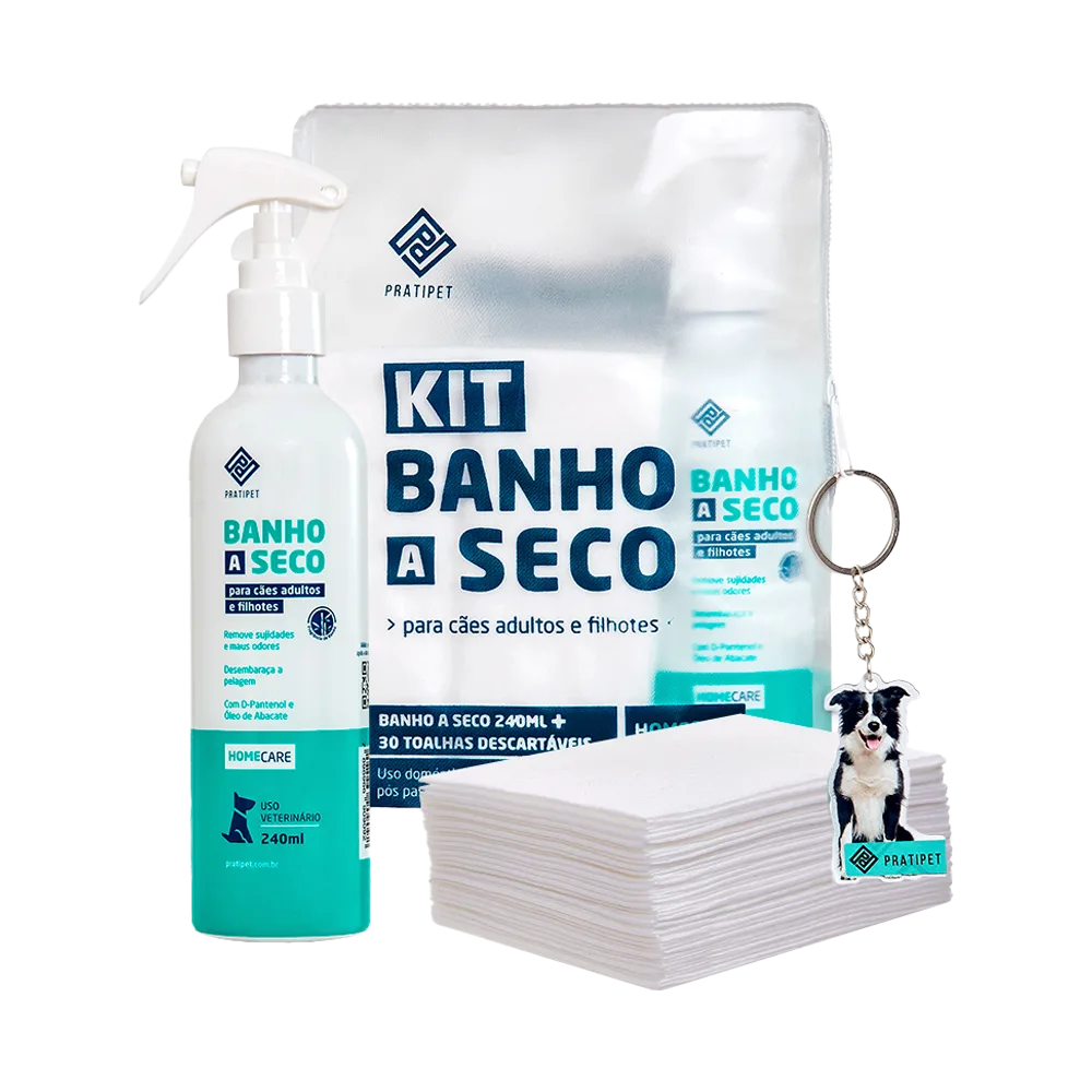 Estuche transparente de Kit Baño Seco de la marca Pratipet, el kit consta de un frasco de baño seco para perros, es un frasco blanco con detalles celeste claro y también viene con unas toallas blancas apiladas