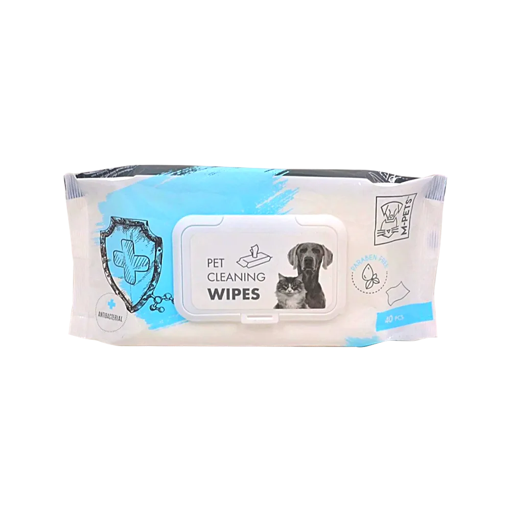 Empaque blanco con detalles celestes de Paños Húmedos Antibacteriales M-Pets en su presentación de 40 unidades