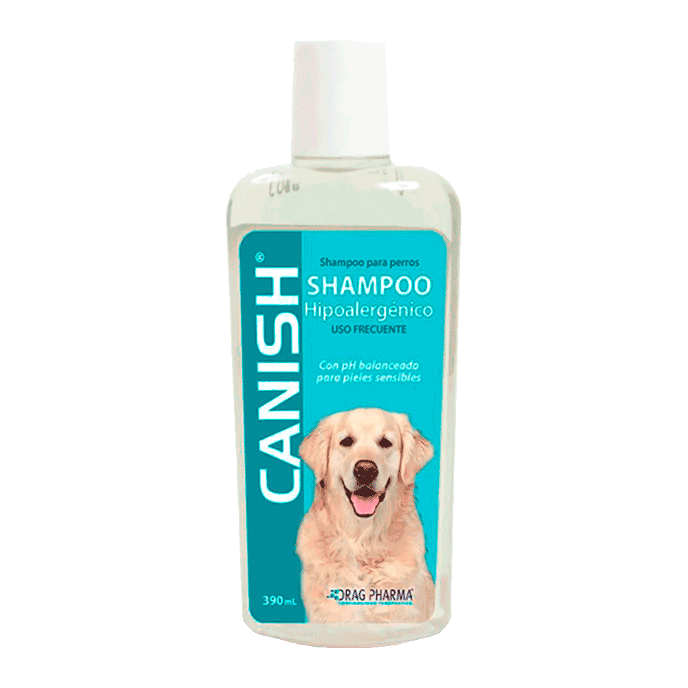 Envase blanco con etiqueta de color calipso de Canish Shampoo Hipoalergénico para perros de piel sensible.
