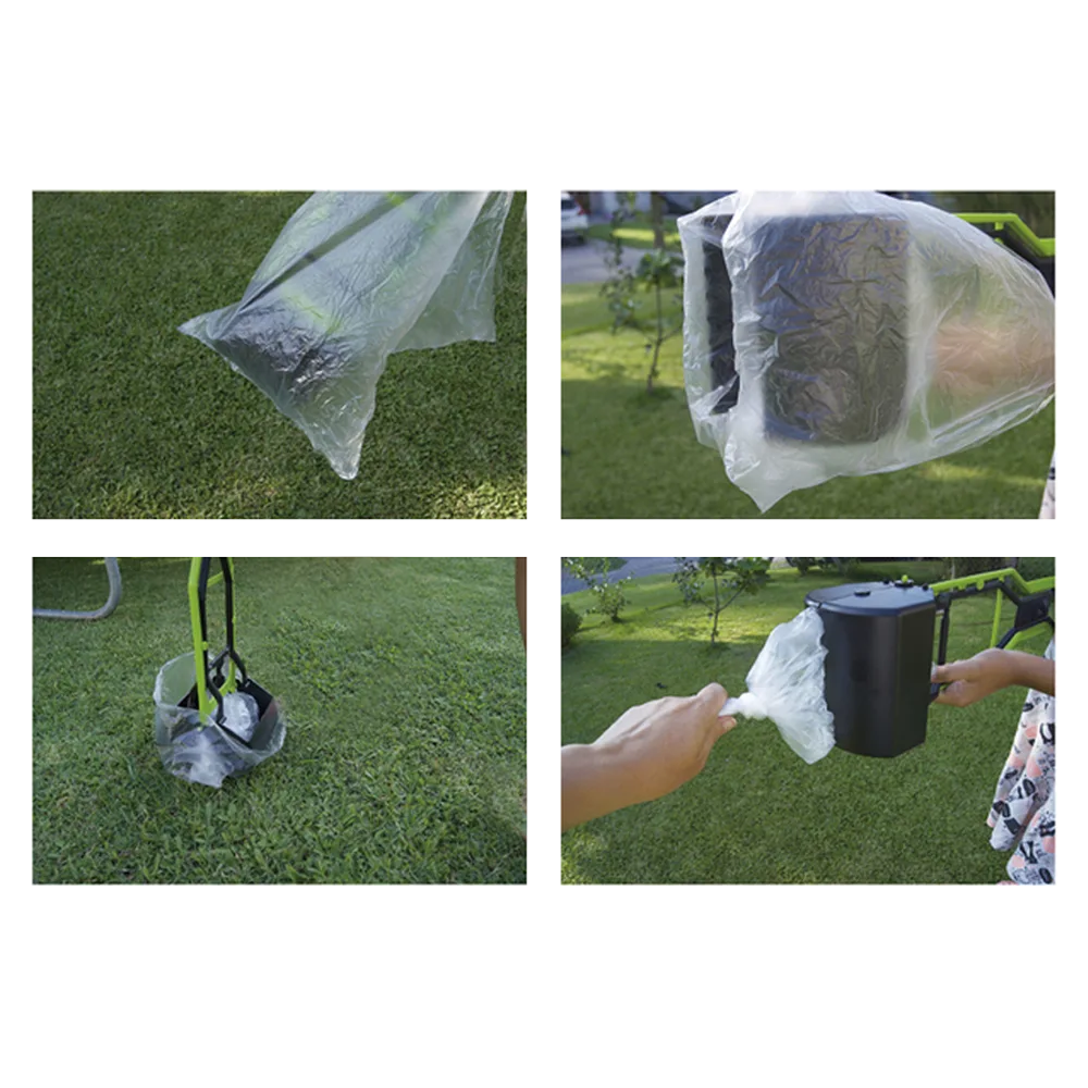 Cuatro imagenes de instrucciones de uso de la Pala Recolectora Jardín con una bolsa en el patio de un jardín.