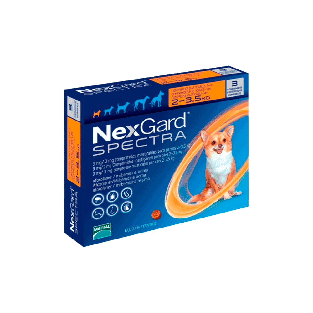 Caja pequeña color azul con detalles naranja de Nexgard Espectra de 2 a 3,5 kg para combatir los parásitos externos e internos