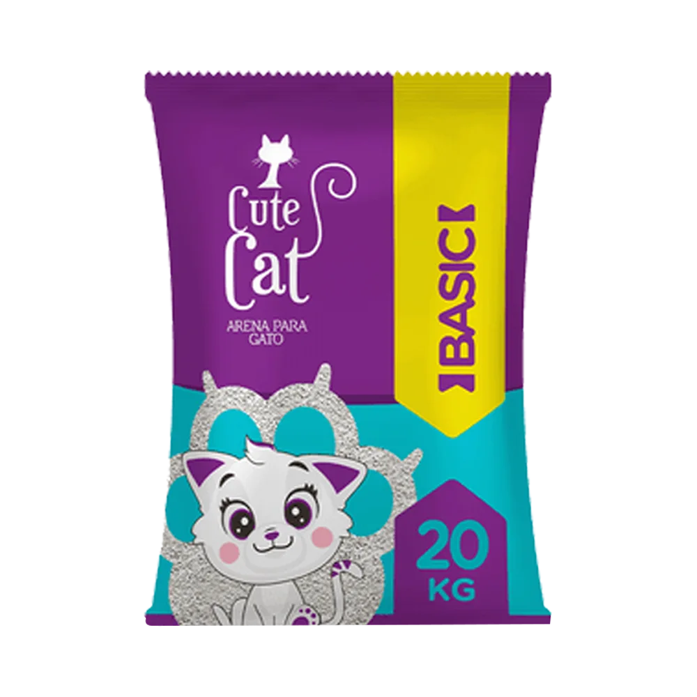 Bolsa de arena sanitaria Cute Cat. Es de color violeta con detalles calipso y tiene una ilustración de un gato blanco, en su presentación de 20 kg