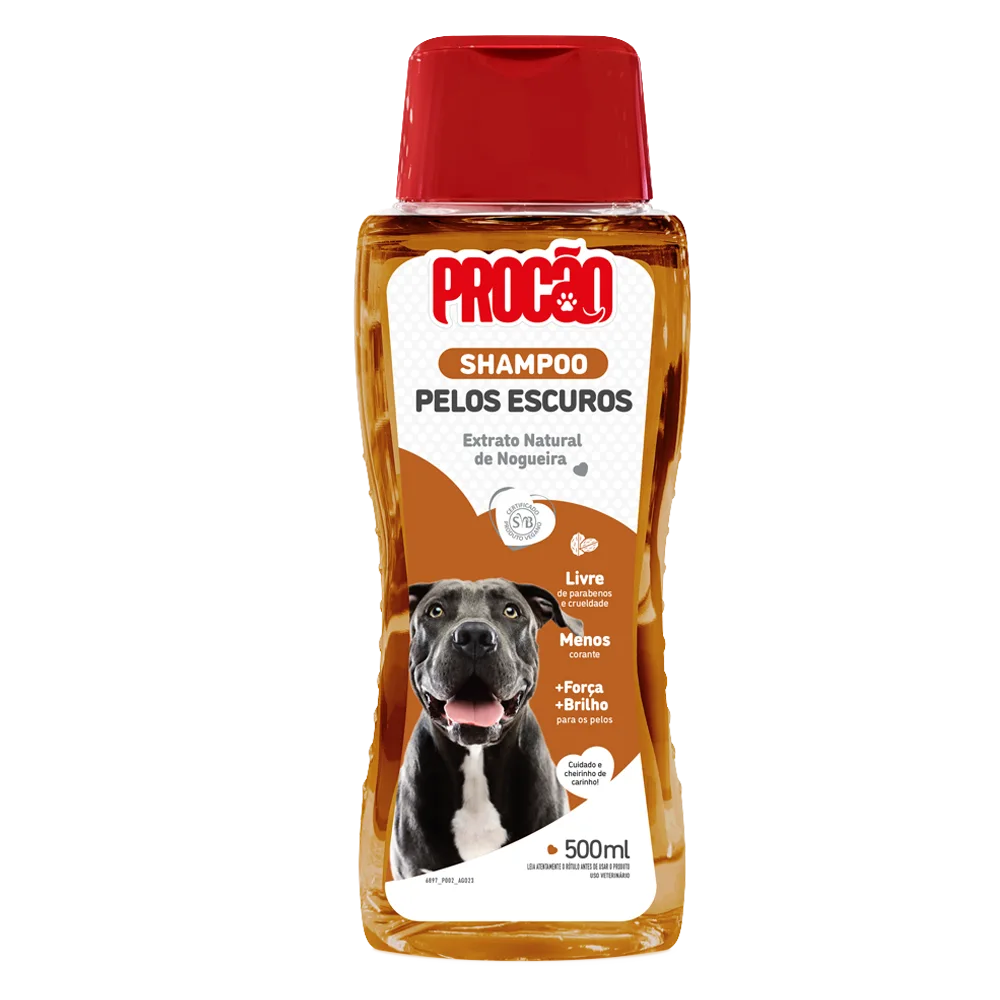 Envase de Shampoo Pelos Oscuros marca Procao, de color naranja y etiqueta blanca con un labrador marrón en la portada. 