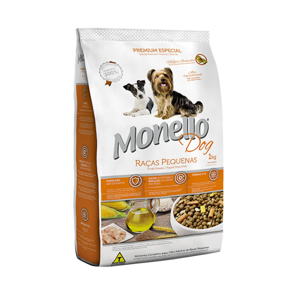 Bolsa de alimento para perros adultos de raza pequeña Monello Perro Razas Pequeñas en su presentación de 15 kilogramos. Es de color blanco con detalles naranjas y tiene la imagen de dos perros pequeños encima del logo de Monello.