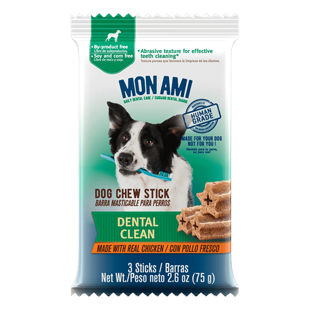 Bolsa blanca con detalles verdes y azules de Mon Ami Dental Clean barras masticables para la salud dental de perros