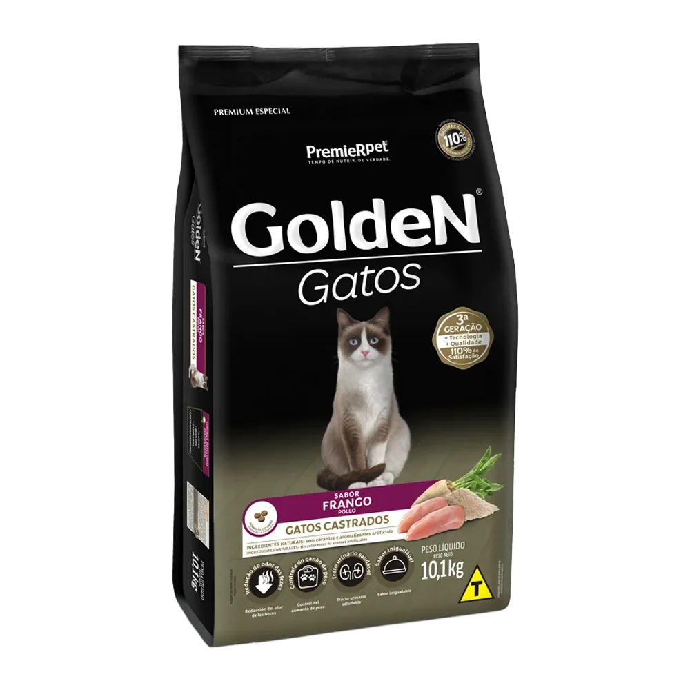 Bolsa negra con detalles verde oscuro del alimento para gatos GoldeN Gatos Castrados, tiene un gato blanco con marrón en la portada
