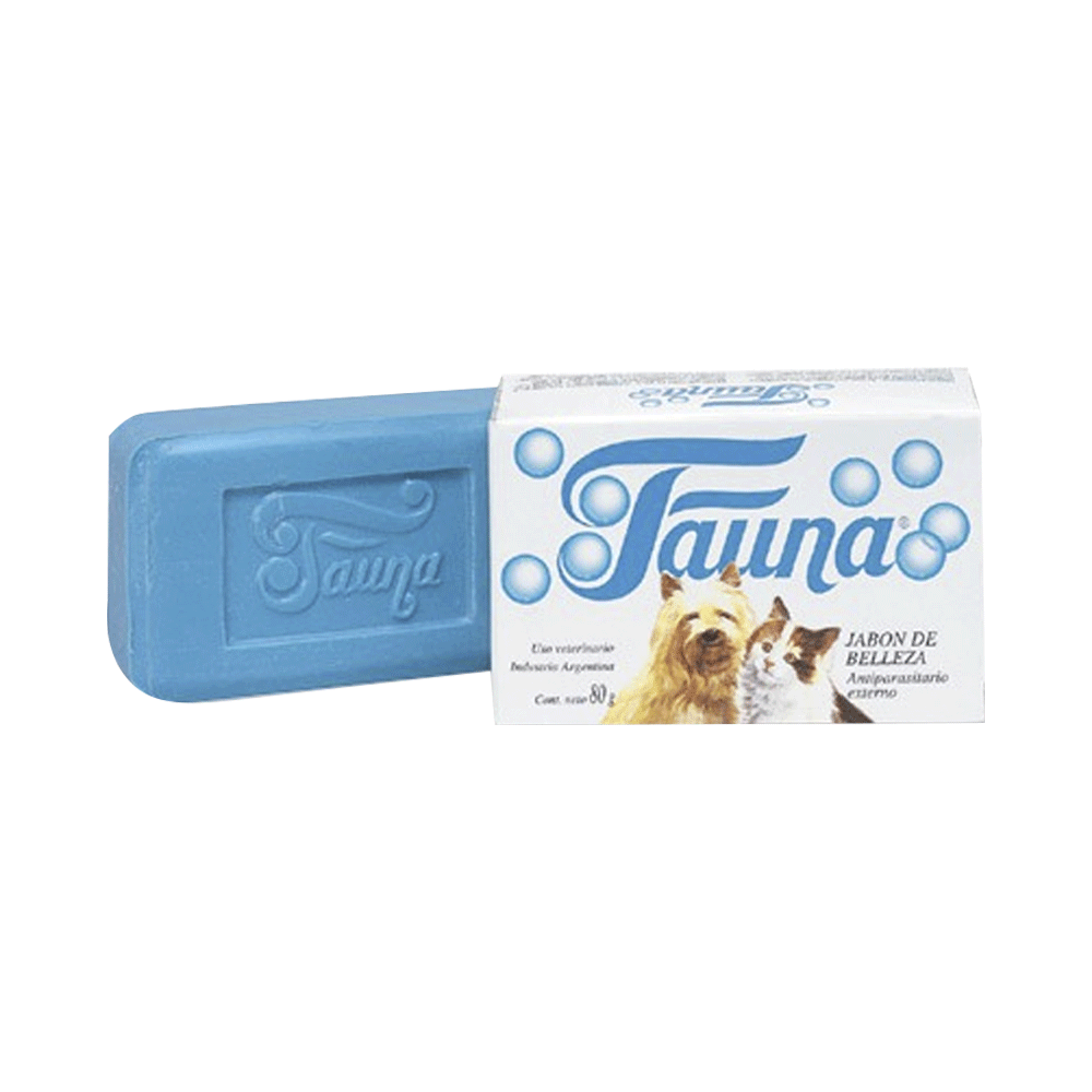 Barra azul de jabón con caja blanca con detalles azules de Fauna Jabón antiparasitario y para tratamiento de la sarna en perros y gatos
