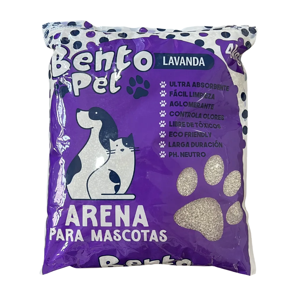 Bolsa blanca con detalles morados de Bento Pet Arena Sanitaria Lavanda. Una arena de bentonita aglomerante para gatos, en su presentación de 4 kg
