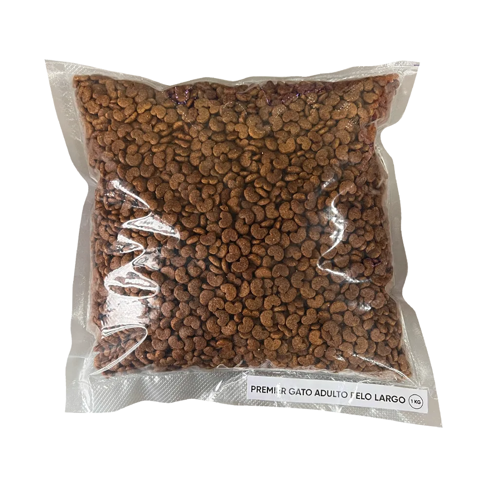Bolsa azul con detalles blancos y guindos del alimento seco para gatos Premier Gato Adulto Pelo Largo sabor Pollo. Tiene un gato con pelo largo gris en la portada.