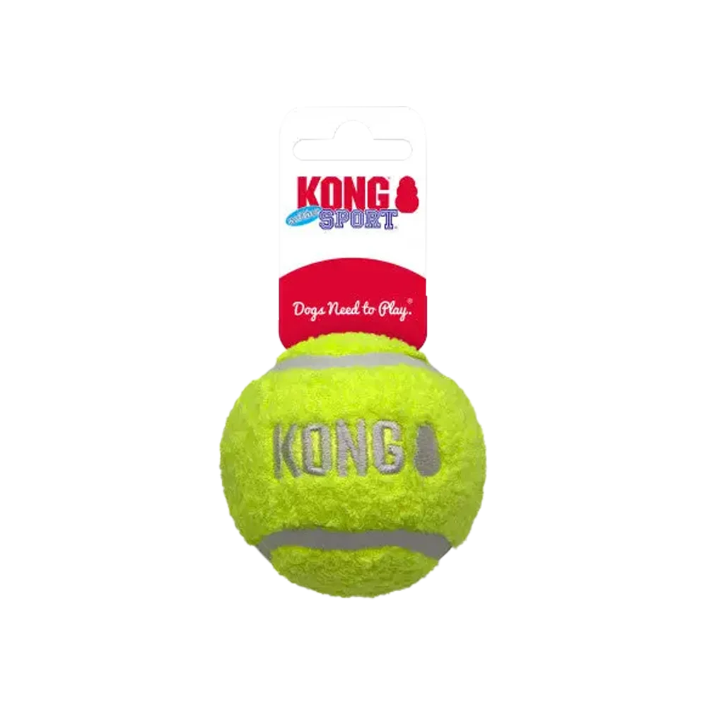 Pelota de felpa color verde con diseño de pelota de tenis y dice KONG en letras grises, es la Pelota Kong Sport Softies