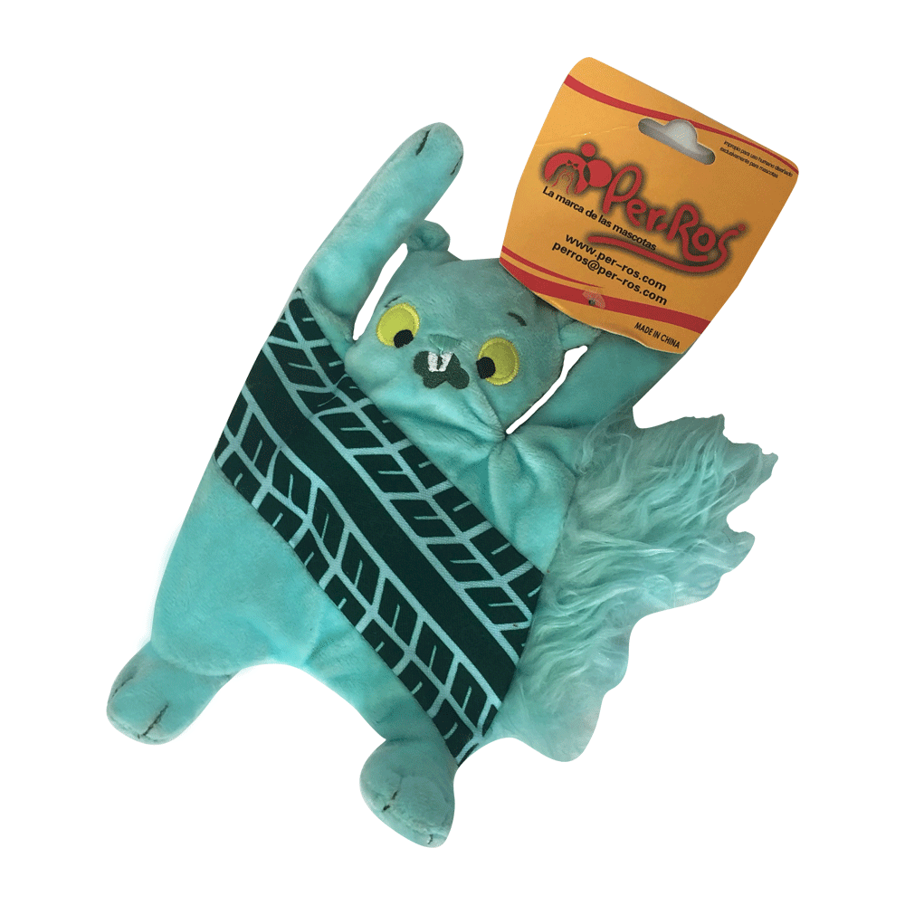 Imagen de producto Peluche ardilla aplastada color celeste verdoso con una marca en el cuerpo simulando marcas de automóvil