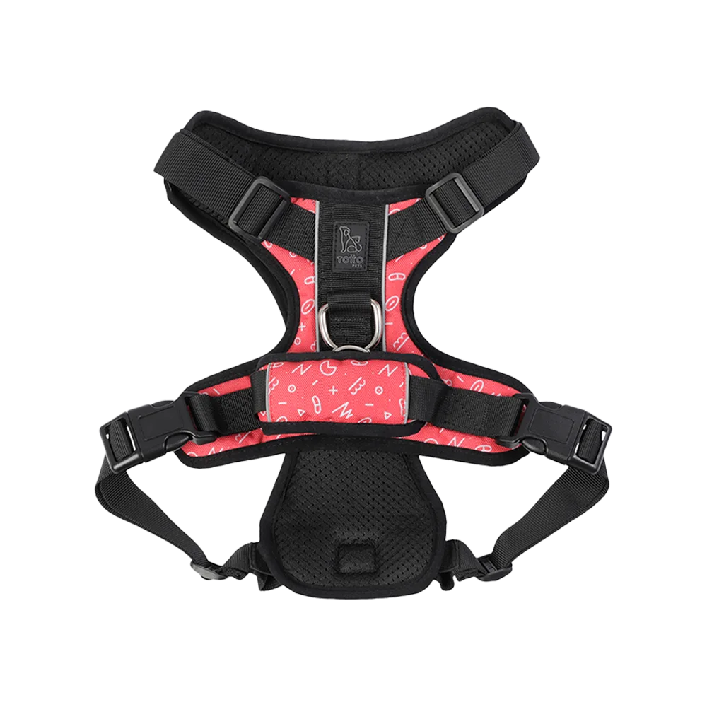 Pechera Arnés de caminata modelo Heikul de la línea Totto Pets en talla L, es de color rojo con detalles negros, tiene argollas metálicas y es acolchonado.